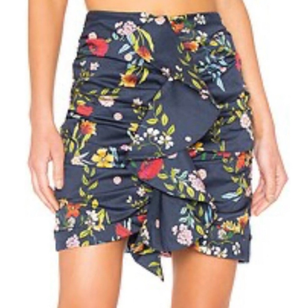 C/MEO Collective No Matter Skirt Blue Floral Medium Rouching Cascading Ruffle